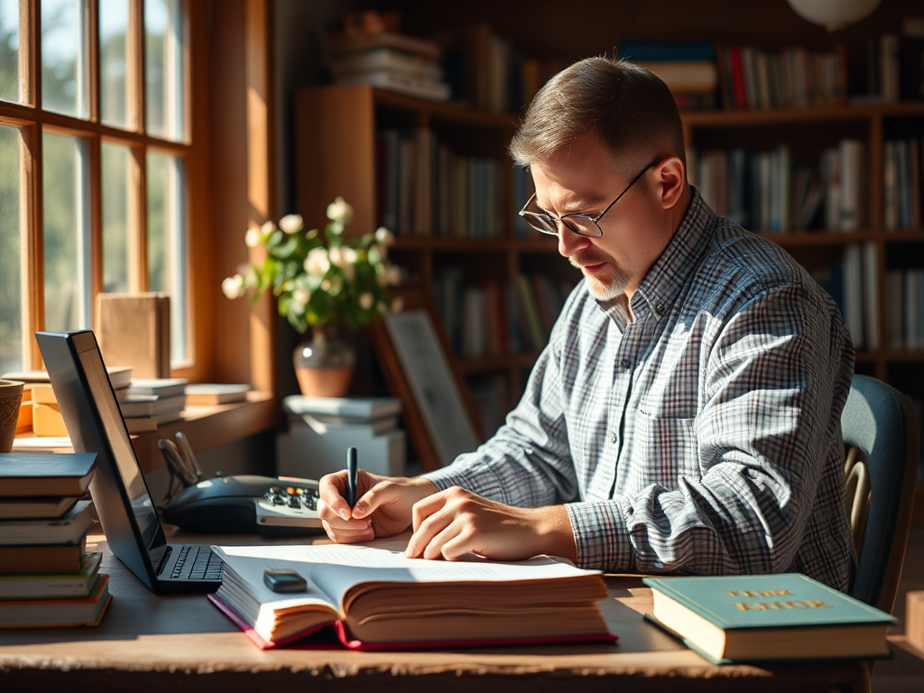 Человек в очках работает за столом среди книг, пишет заметки и смотрит на экран ноутбука.