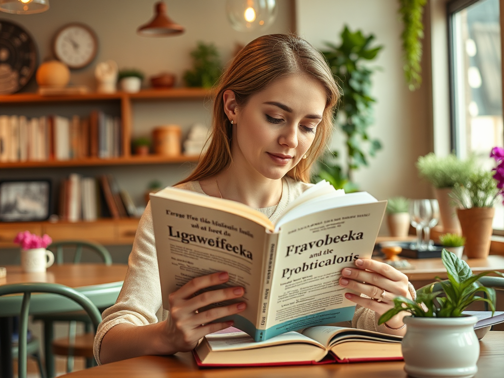 Женщина читает книгу в уютном кафе, окруженном зелеными растениями и книгами на полках.
