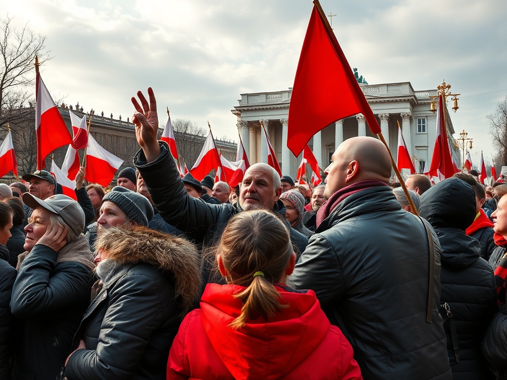 Люди с красными и белыми флагами на митинге. Атмосфера волнения и единства.