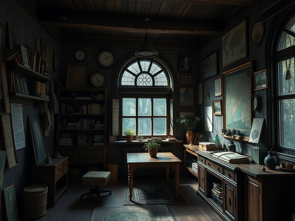 Темная комната с деревянной мебелью, книгами и старыми часами, освещенная мягким светом из окна.