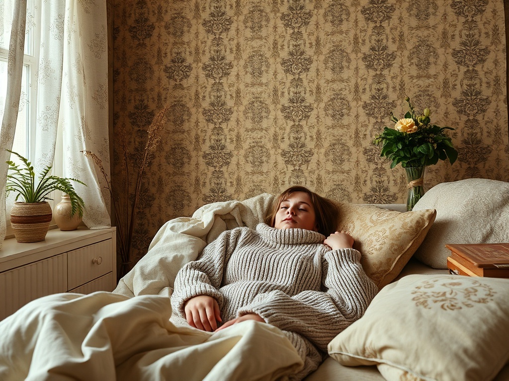 Молодая женщина в уютном свитере лежит на диване с подушками, рядом цветы и зеленое растение.