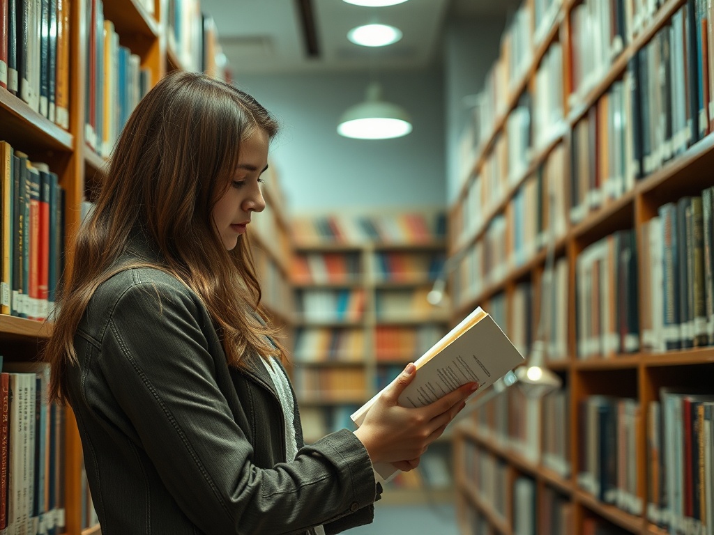 Девушка с книгой стоит между рядами полок в библиотеке, погруженная в чтение и окруженная книгами.