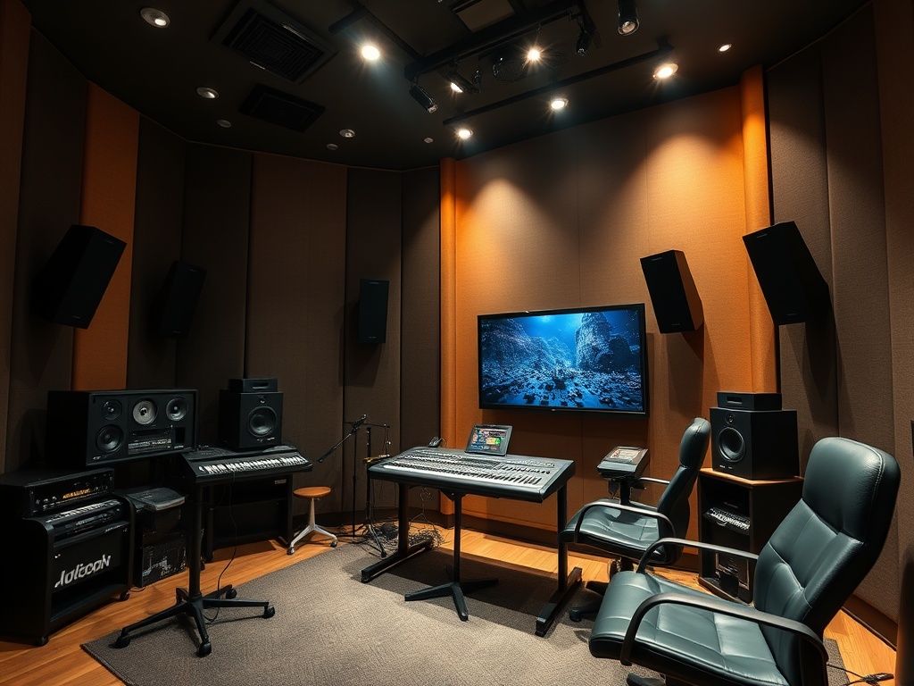 Студия звукозаписи с оборудованием, столом для работы и комфортными креслами, оформленная в тёмных тонах.