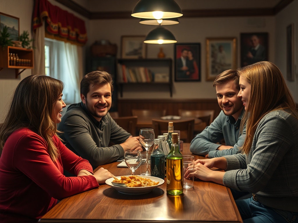 Четыре человека сидят за столом, наслаждаясь общением и ужином в уютной обстановке.