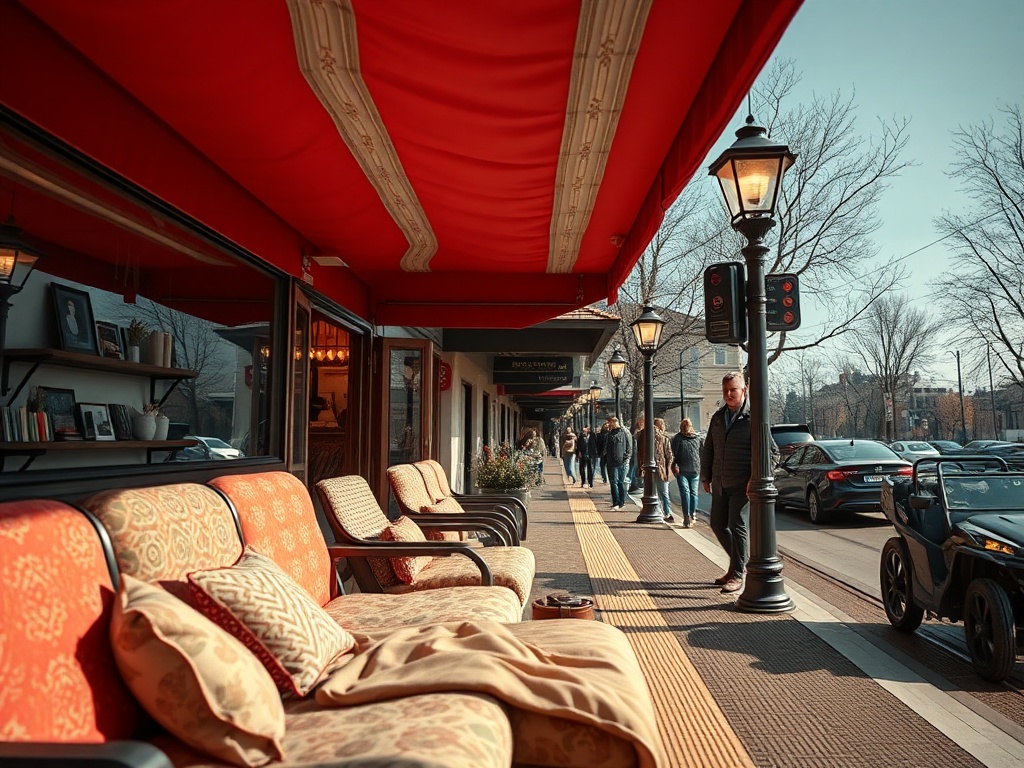 Уютная улица с мягкой мебелью на террасе, пешеходы и автомобили на фоне ясного неба.