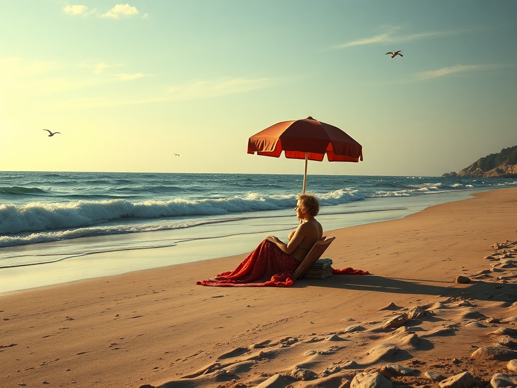Женщина сидит под красным зонтом на пляже, наслаждаясь спокойствием и видом на море. Птицы в небе.