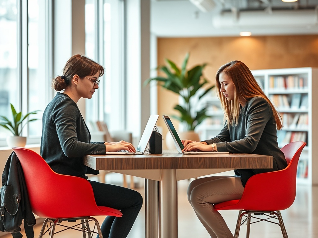 Две женщины сидят за столом, работают на ноутбуках в современном офисе с большими окнами.