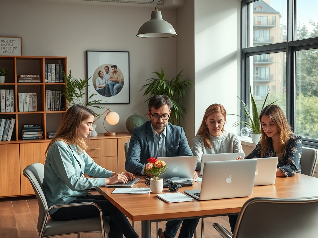 Четыре человека за столом в офисе, работающие на ноутбуках, вокруг зеленые растения и светлый интерьер.
