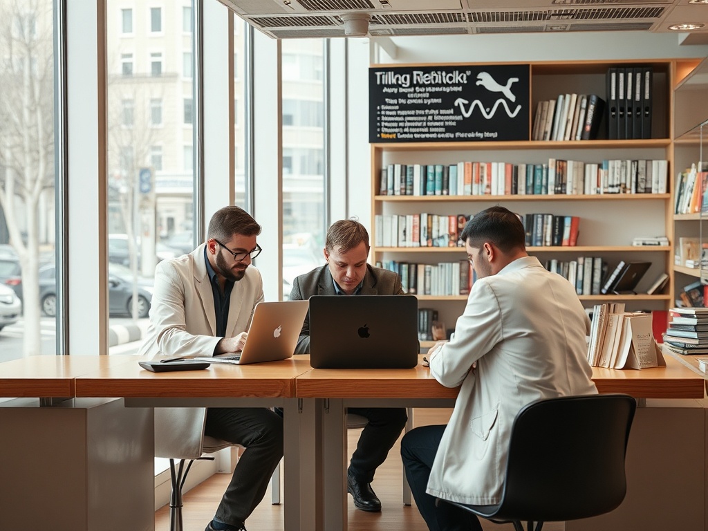 Трое мужчин в белых coat сидят за столом, обсуждают и работают на ноутбуках в современном офисе.