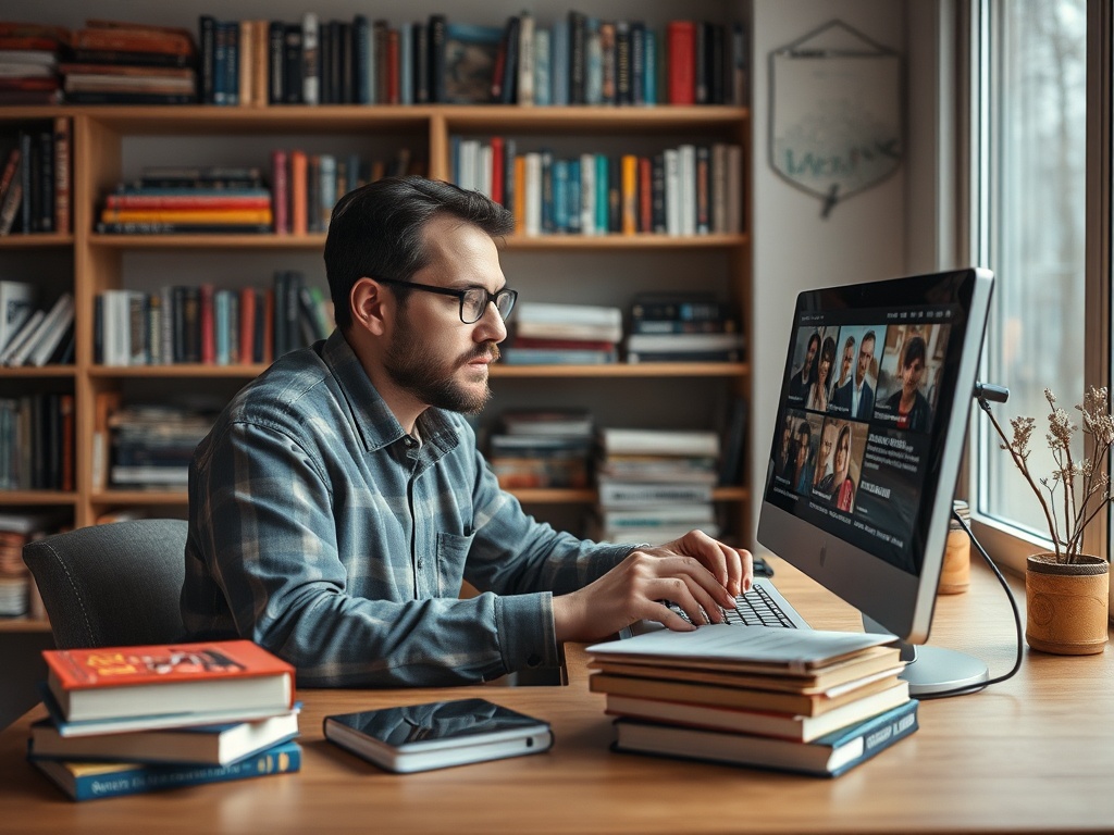 Молодой мужчина в очках работает за компьютером, окруженный книгами и уютной атмосферой комнаты.