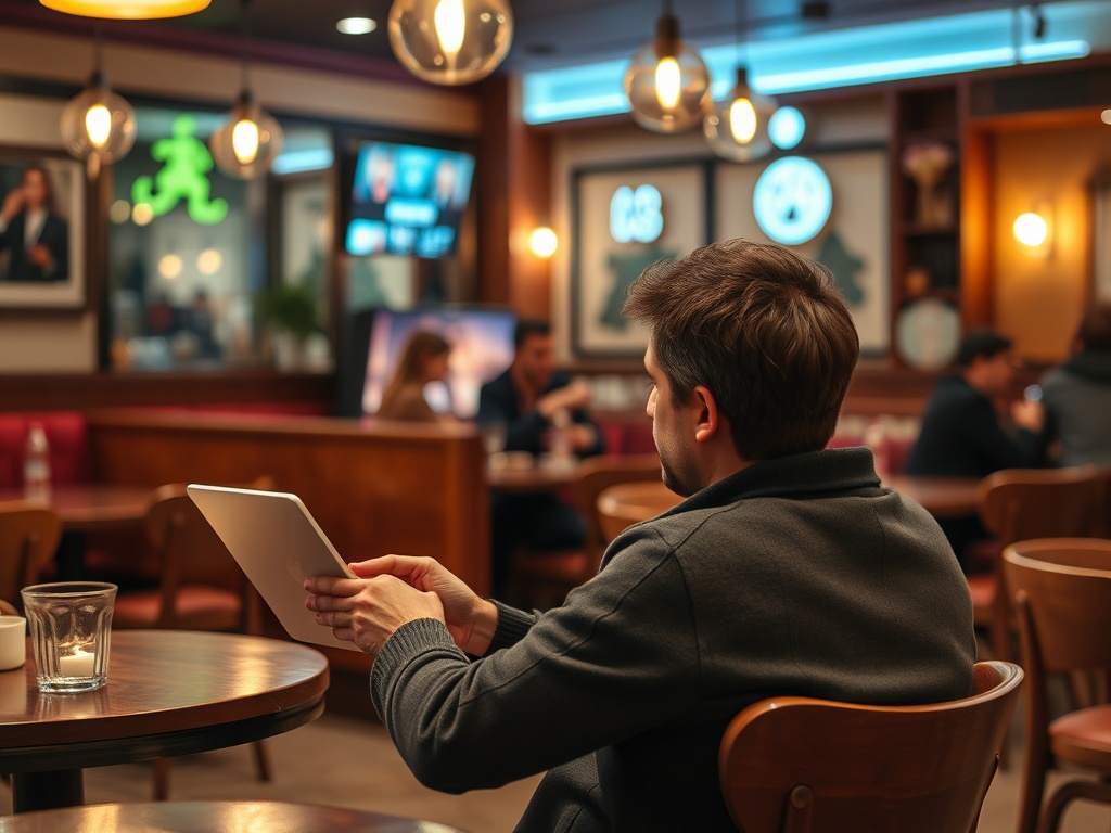 Мужчина сидит в кафе и смотрит на планшет, вокруг него другие посетители. Теплая атмосфера.