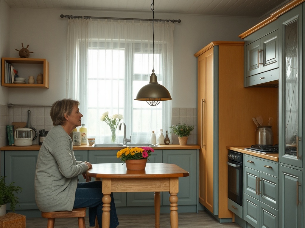 Женщина сидит за столом в уютной кухне с растениями и цветами на окне. Светлый и спокойный интерьер.