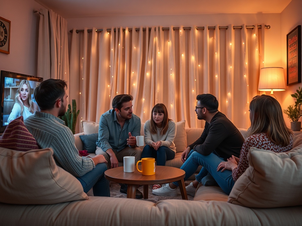 Шестеро друзей сидят в уютной комнате, обсуждая что-то, пока в телевизоре идет шоу. Теплая атмосфера.