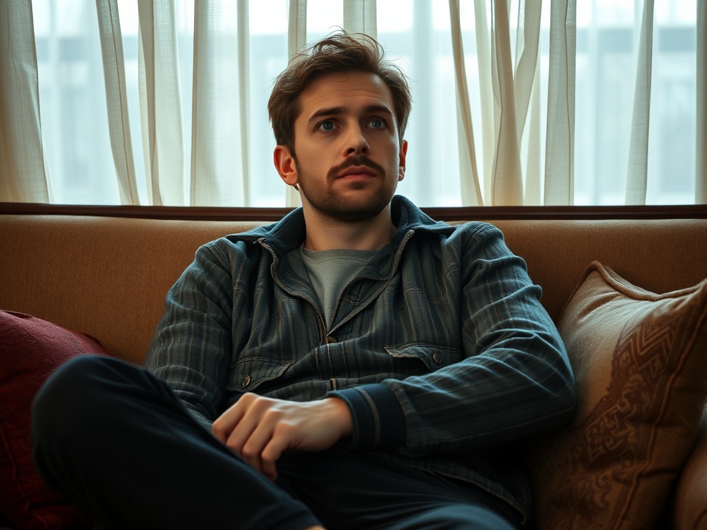 Молодой человек сидит на диване, задумчиво смотрит в окно. Днем, светлая завеса за ним.