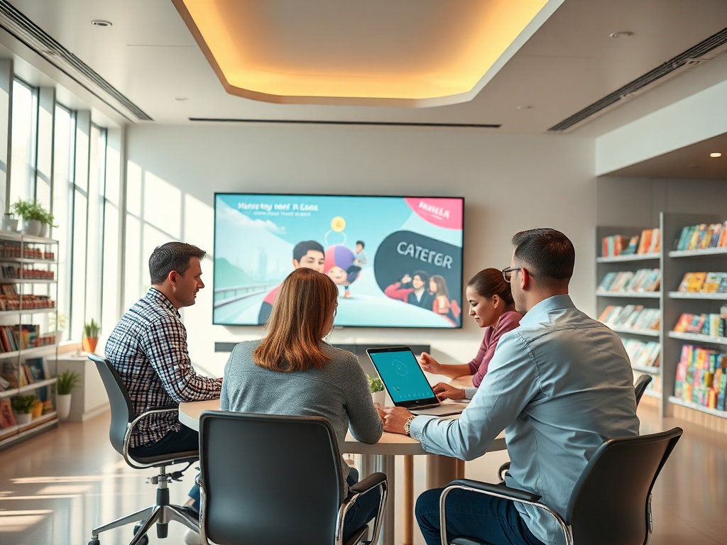 Группа из четырех человек обсуждает проект в современном офисе с большим экраном и библиотекой.