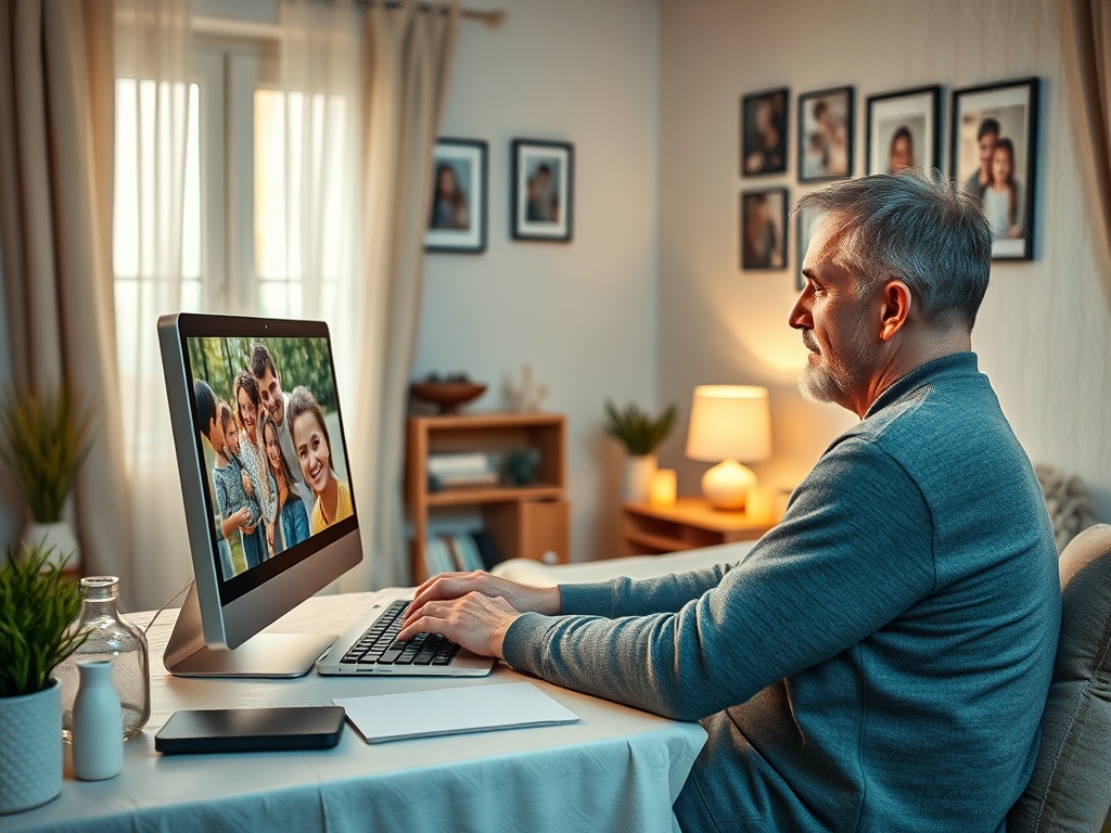 Пожилой мужчина сидит за столом, смотрит на экран компьютера с изображением счастливой семьи.