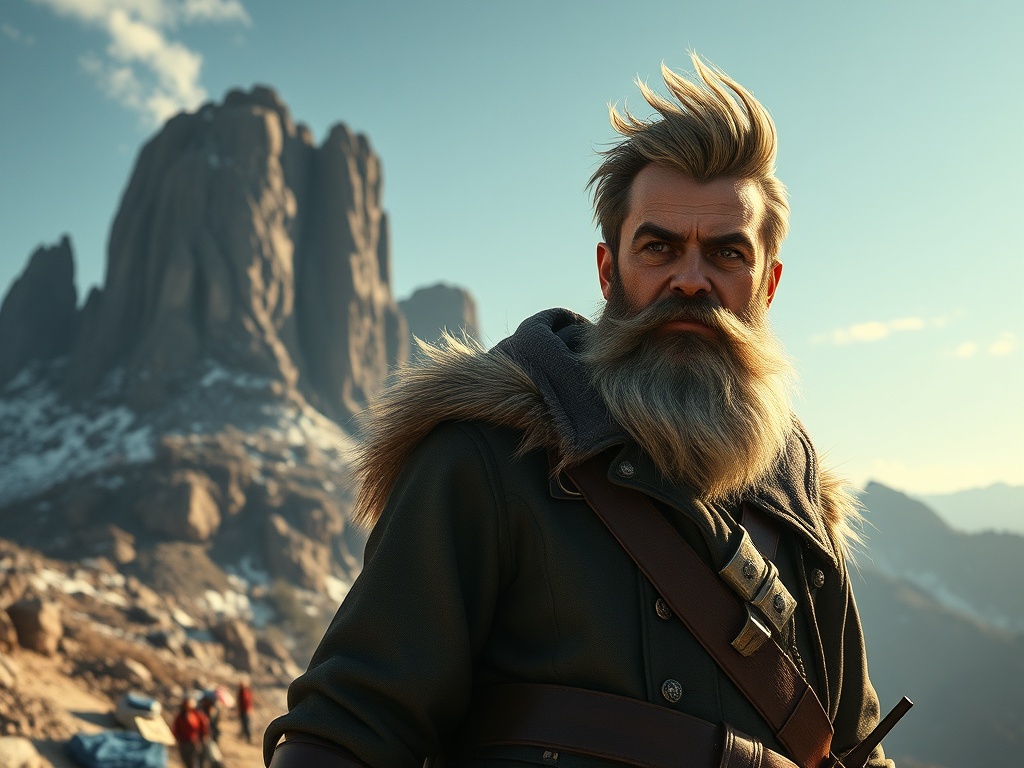 Поздравляю с завершением экспедиции; герой на фоне гор, с бородой и уверенным взглядом.