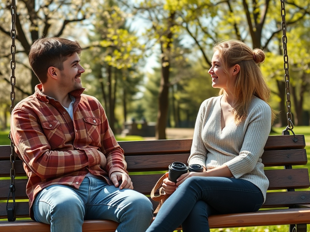 Два человека сидят на лавочке в парке и весело общаются, держа в руках кофе. Кругом зелёные деревья.