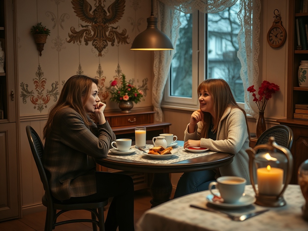 Две женщины беседуют за столом, освещённым лампой, с чаем и закусками в уютном интерьере.