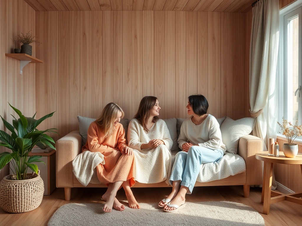 На диване сидят три женщины, обсуждая что-то интересное в уютной комнате с растениями.