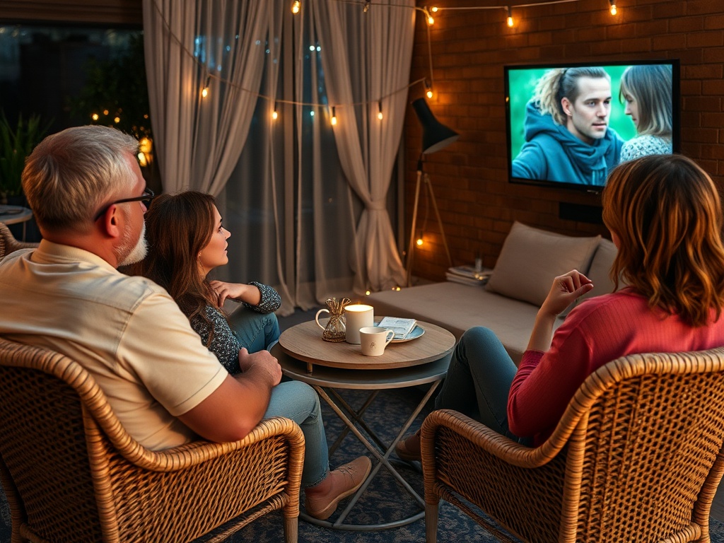 Трое людей смотрят телевизор в уютном помещении, окружённом мягким светом и теплой атмосферой.