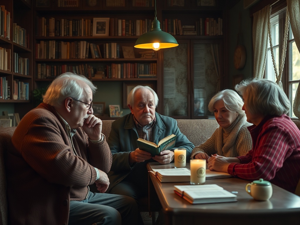 Четыре пожилых человека обсуждают книги в уютной библиотеке при свечах. Теплая атмосфера общения.