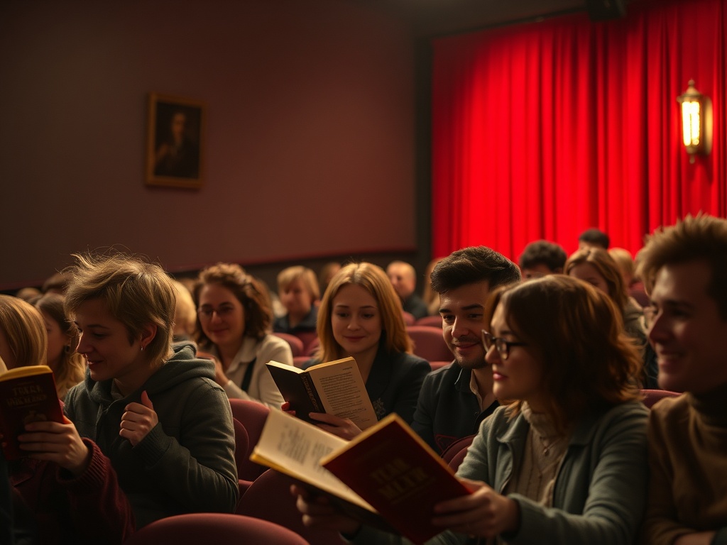Молодежь читает книги в уютном зале, готовясь к обсуждению. На фоне красные занавески и портрет на стене.