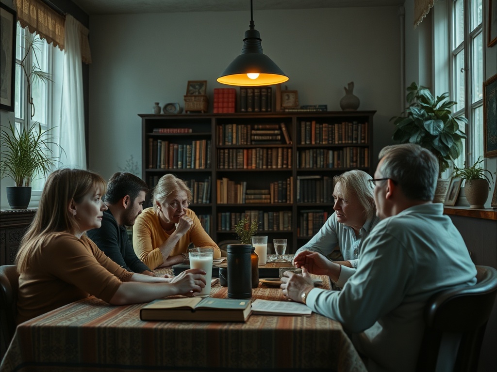 Круглый стол с пятью людьми, обсуждающими, окружённый книжными полками и уютным освещением.