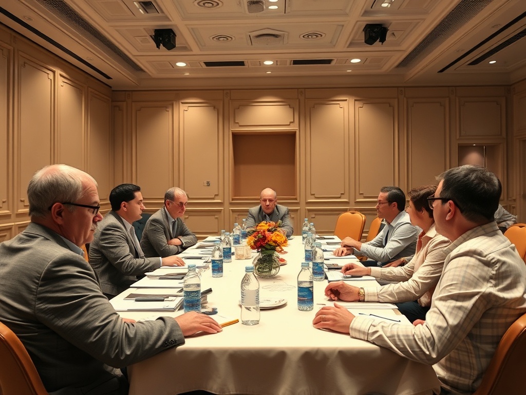 На совещании сидят восемь мужчин за столом, на центре - цветы и бутылки с водой. Обстановка формальная.