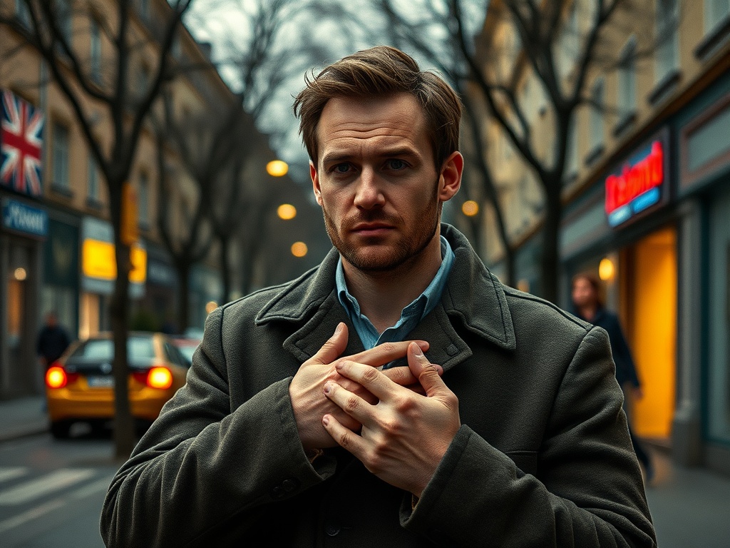 Мужчина в пальто на улице, смотрит прямо в камеру, с задумчивым выражением лица. Темный городской фон.