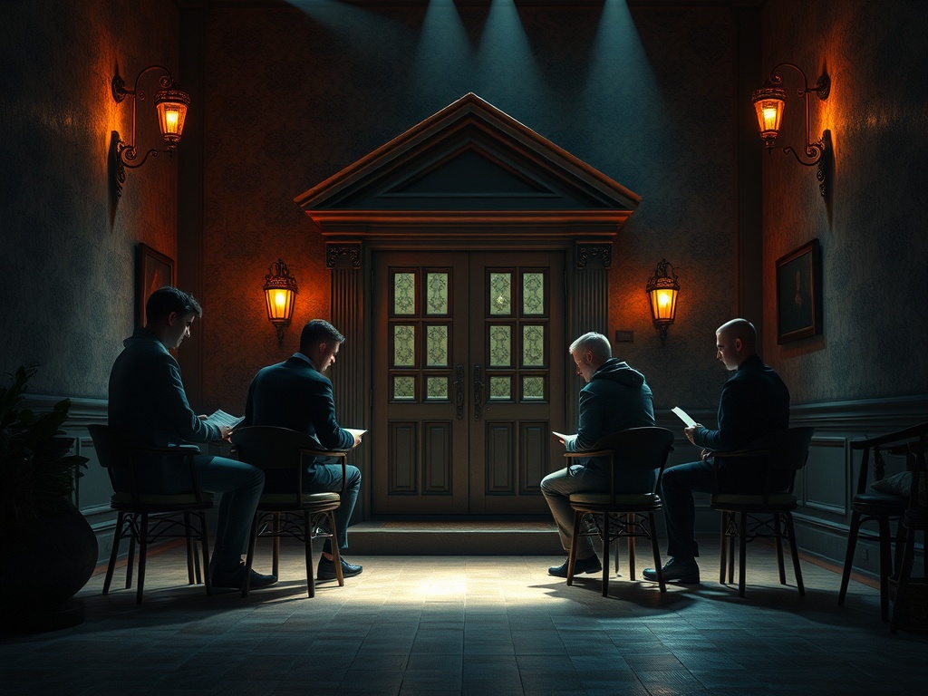 Четыре человека сидят в полутёмной комнате, ждут у входной двери под мягким светом ламп.