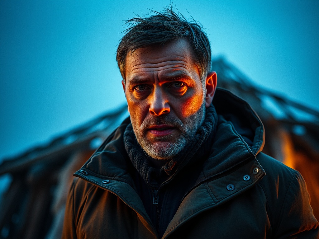 На фоне голубого неба стоит мужчина в теплой куртке, его лицо освещено мягким светом.