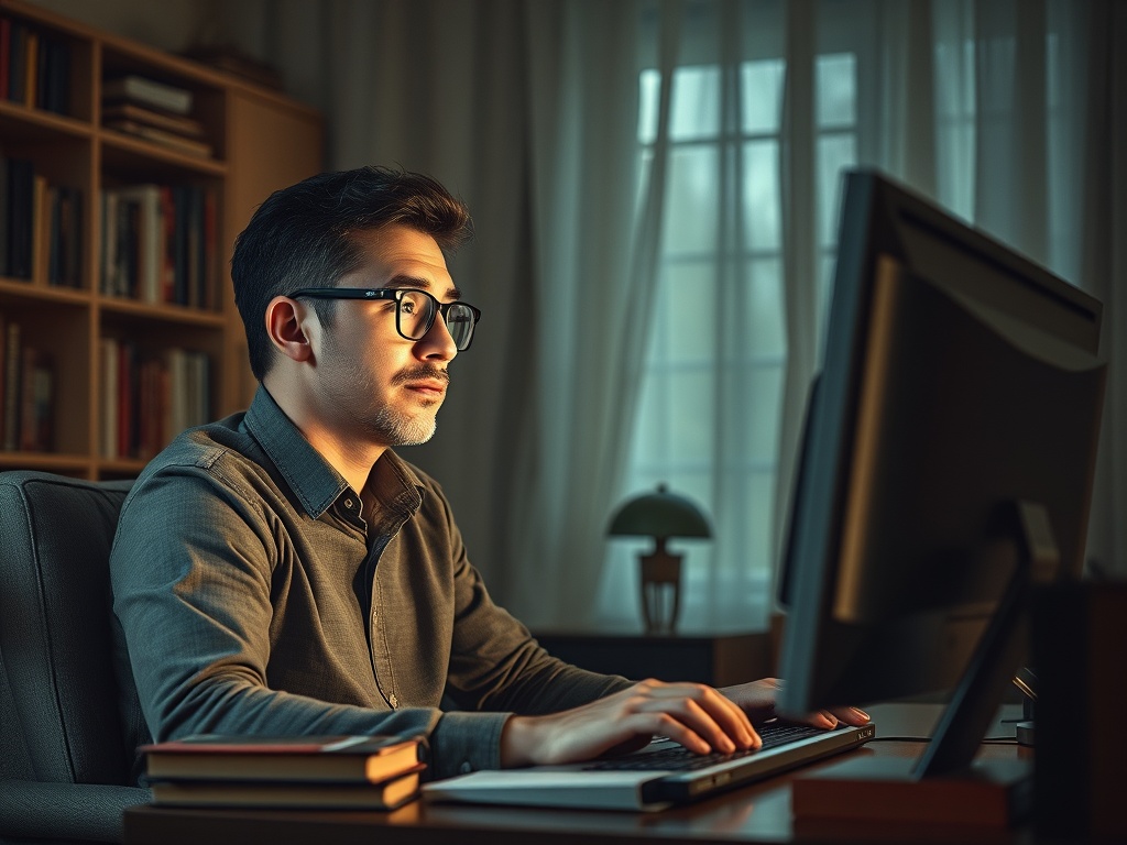 Молодой человек в очках работает за компьютером в затемнённой комнате с окнами и библиотекой на заднем плане.
