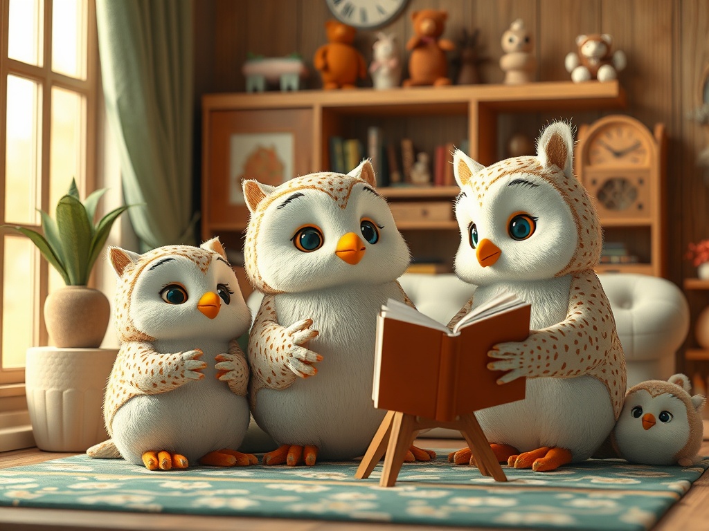 В уютной комнате совята читают книгу, сидя на ковре и окружённые игрушками.