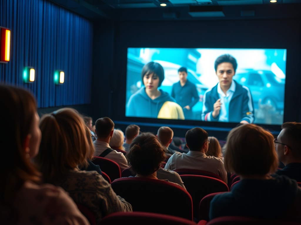 В кинотеатре зрители смотрят фильм на большом экране. Атмосфера ожидающего вечера.