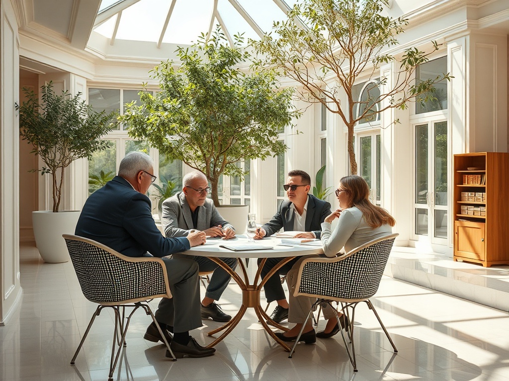 Четыре человека обсуждают проект за столом в светлом офисе, окруженном зелеными растениями.