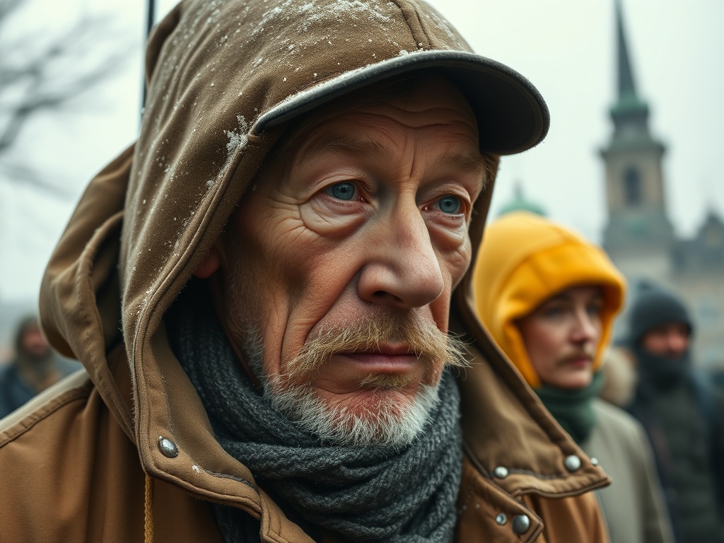 Пожилой мужчина с бородой в зимней одежде, на фоне людей и холодного зимнего пейзажа.