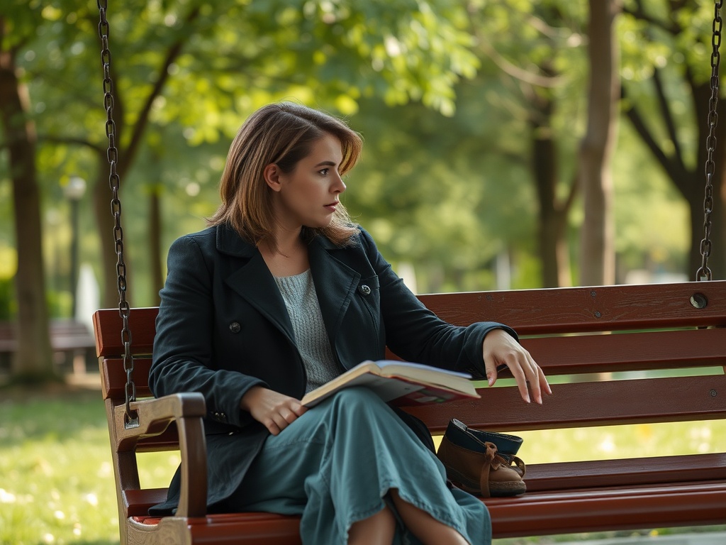 На скамейке в парке сидит девушка с книгой, задумчиво смотрящая вдаль среди зелёных деревьев.