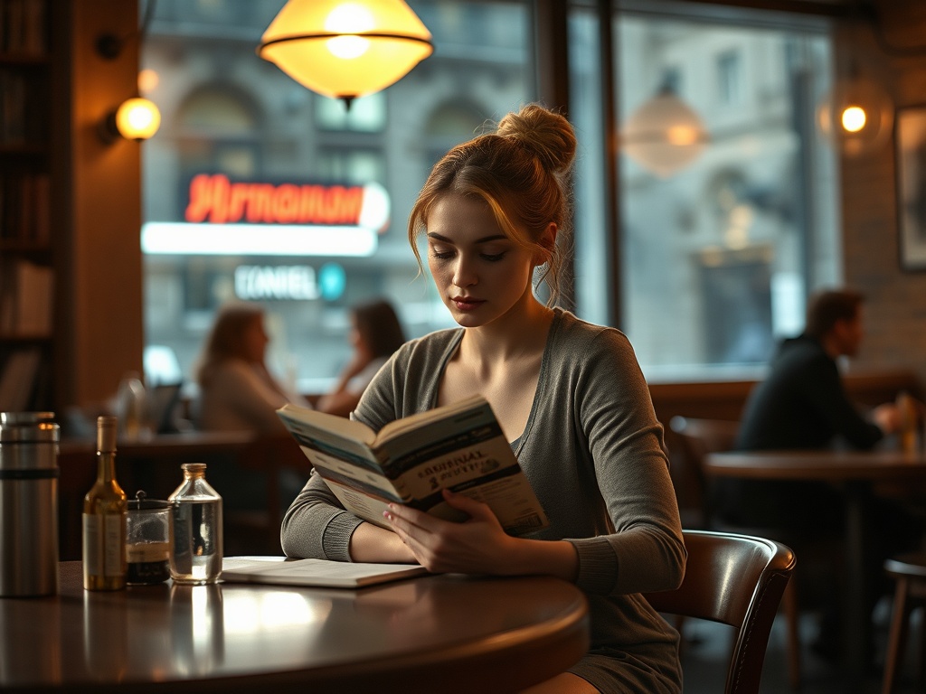 Девушка с длинными волосами сидит за столом в кафе и читает книгу. За ней виден городской пейзаж.
