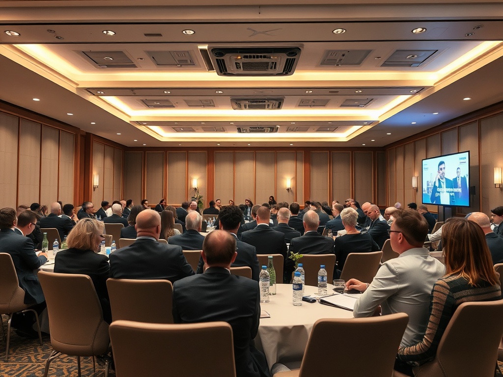 Зал, заполненный участниками конференции, на сцене идет выступление докладчика. Слайды на экране.