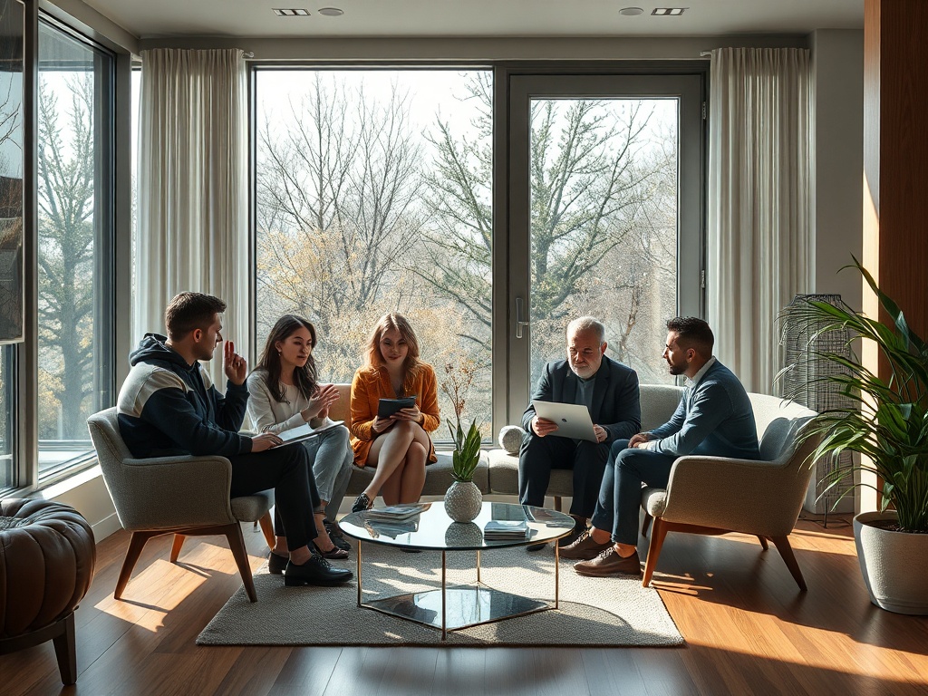 Группа людей обсуждает идеи в светлом помещении с большими окнами и растениями.