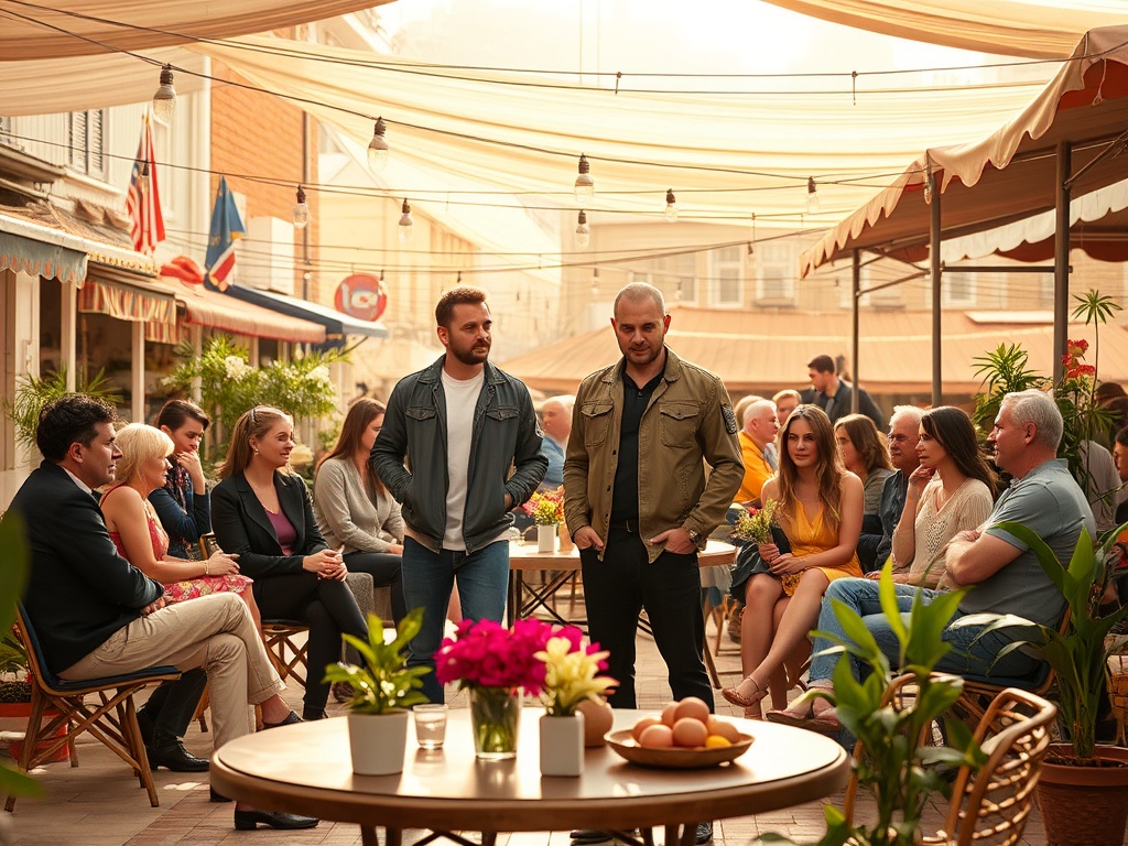 Два мужчины стоят в центре кафе, вокруг них сидят люди, обстановка уютная и теплая. Цветы и еда на столах.