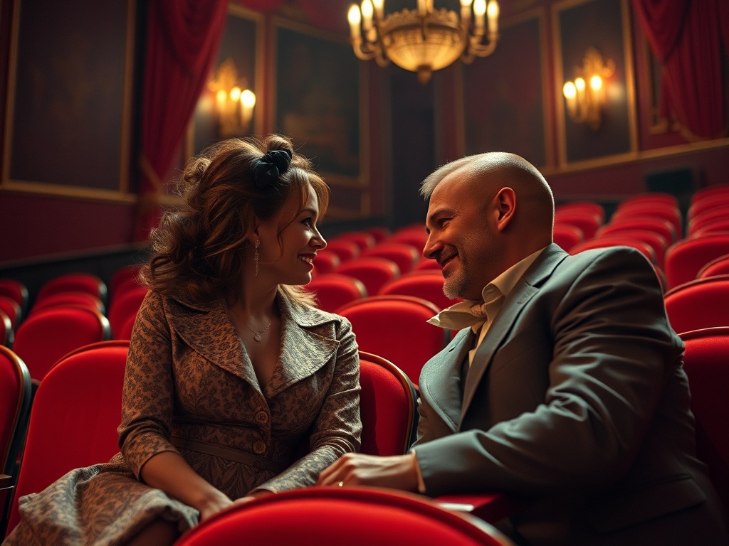 Парочка в театре улыбается друг другу на фоне красных кресел и утончённого декора.