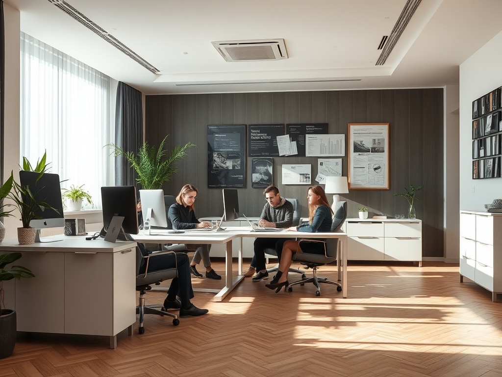 Офис с пятью людьми за столом, работают на компьютерах, обсуждают проекты. Современный и светлый интерьер.