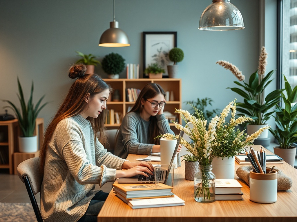 Две девушки работают за столом в уютном помещении с растениями и цветами.