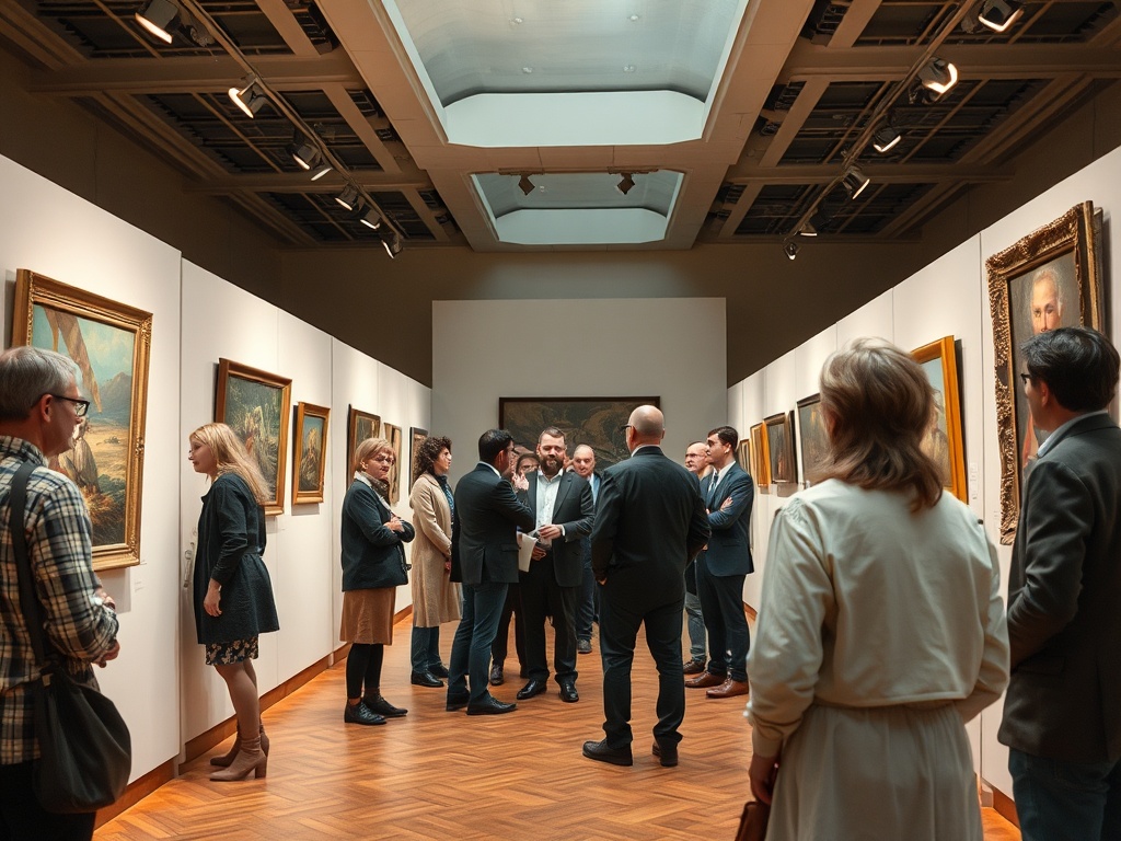 Посетители обсуждают картины в художественной галерее, окруженной живописными полотнами.