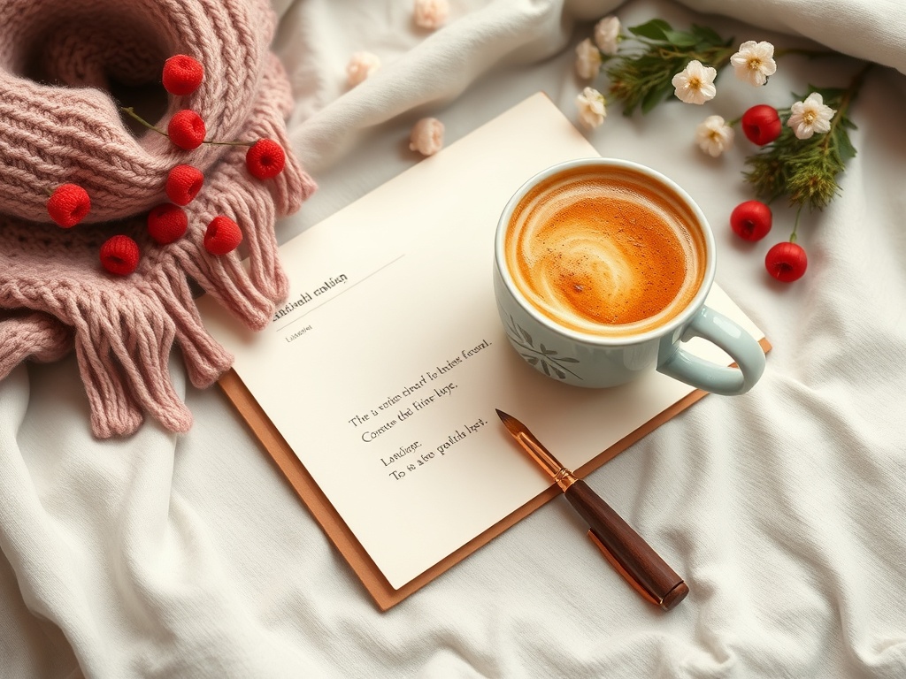 Кружка кофе на белом пледе, рядом свечи, цветы и рукава светлого свитера с ягодами. Теплая уютная атмосфера.