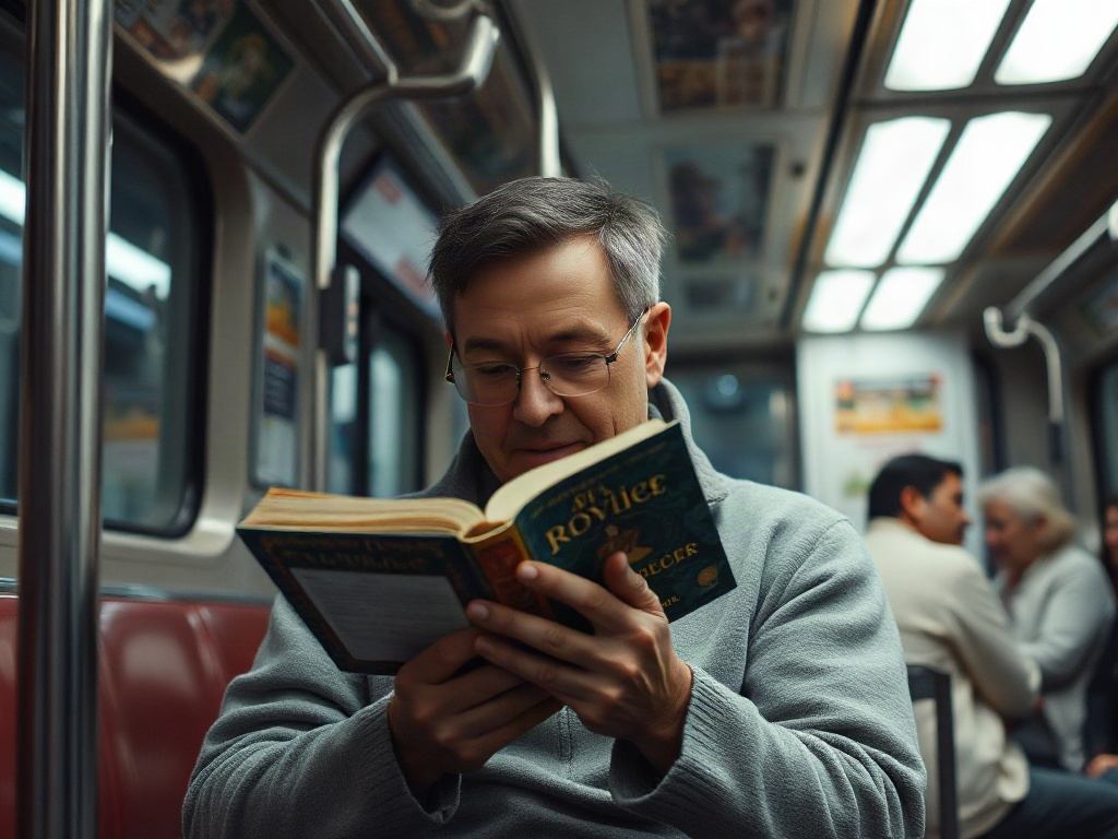 Мужчина в сером свитере читает книгу в метро. Вокруг него люди, находящиеся в общем транспорте.
